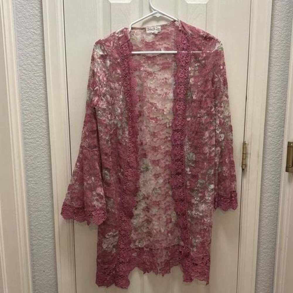 Jolie‎ & Joy Pink Kimono Duster Lace Crochet Sheer Floral Francesca's New